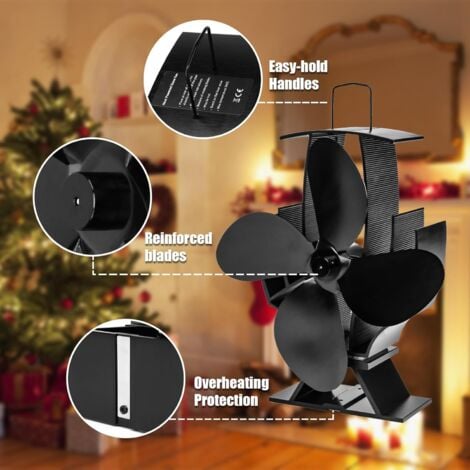 GFTIME Ventilateur de poêle 4 lames avec thermomètre, Ventilateur de cheminée pour poêle à bois, Ventilateur de poêle à bois alimentées par la chaleur, Ventilateur alimenté Sans électricité