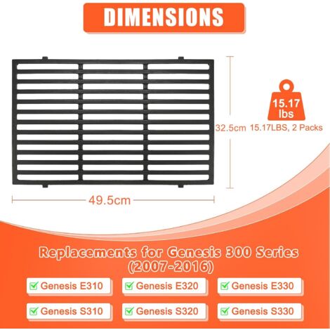 GFTIME 49,5 x 33cm Grille de Cuisson pour Weber Genesis 300 E/S/EP/CEP 310 320 330 (2007-2016), Enders Monroe 3 SIK Turbo, accessoires pour gril à gaz Weber 7524 7528, Fonte, Lot de 2