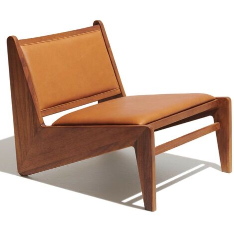 Sillón Lounge Compass Tapizado En Madera De Teca Y Piel Italiana Cognac