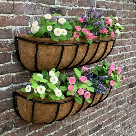 Set of 2 Manor Garden Black Metal Wall Basket Manger Trough Planters (75cm)