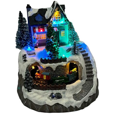 Christmas House and Tree Scene Ornament with Lights Moving Train and Sound