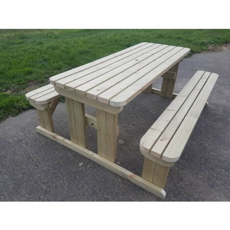 7ft (210cm) Picnic table and bench set, natural (light-green) finish, Abies rounded corners