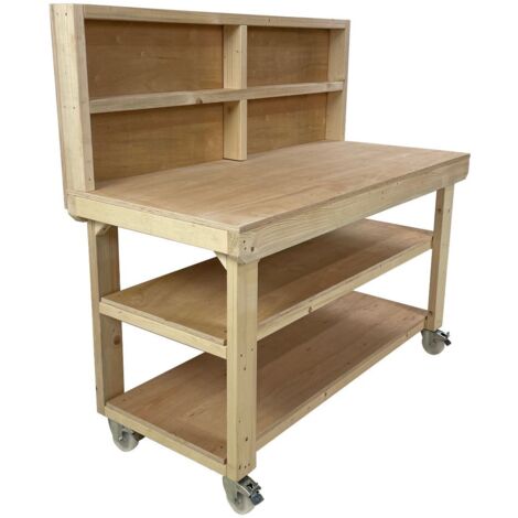 Wooden Eucalyptus PLY Top Workbench, 8ft (240cm) With back panel, wheels and Double shelf