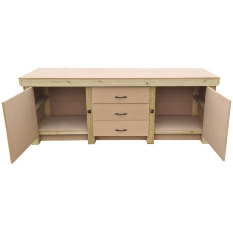 Wooden work bench with drawers and double lockable cupboard (V.8) (H-90cm, D-70cm, L-240cm)