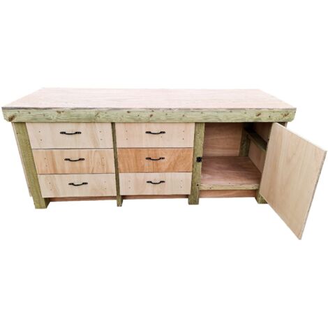 Wooden Eucalyptus hardwood top workbench, cabinet with lockable cupboard (V3) (H-90cm, D-70cm, L-210cm)
