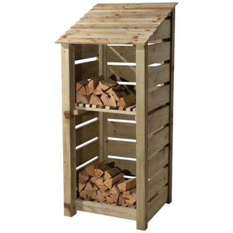Wooden log store, Slatted timber storage with kindling shelf (W-79cm, H-180cm, D-88cm) natural finish
