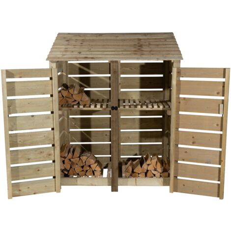 Slatted wooden log store with door and kindling shelf W-146cm, H-180cm, D-88cm - natural (light green) finish