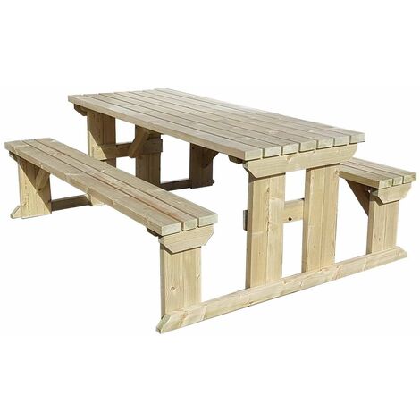 7ft (210cm) Picnic table and bench set, natural (light-green) finish, Abies square corners