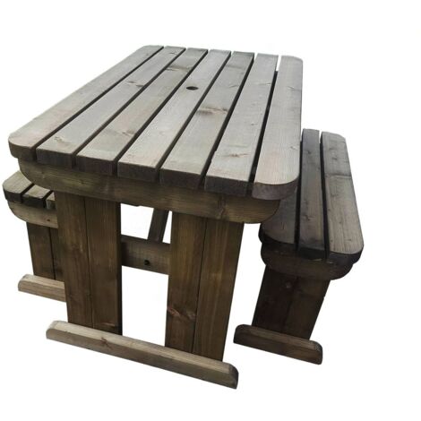 6ft (180cm) Picnic table and bench set rustic brown finish, Yews rounded corners