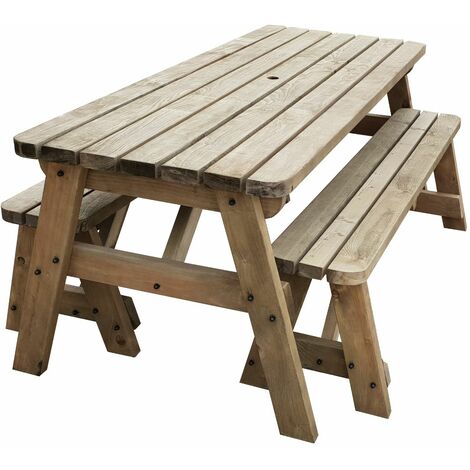 5ft (150cm) Picnic table and bench set, rustic brown finish, Victoria compact rounded corners