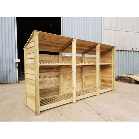 Wooden Log Store Reverse Roof, W335xH180cm (Light green, natural finish) With Kindling Shelf