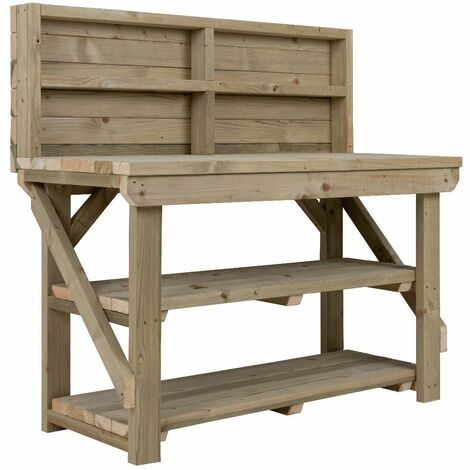 Indoor/outdoor workbench pressure treated station (H-90cm, D-64cm, L-90cm) with back panel and double shelf