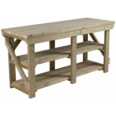 Indoor/outdoor workbench pressure treated station (H-90cm, D-64cm, L-210cm) with double shelf