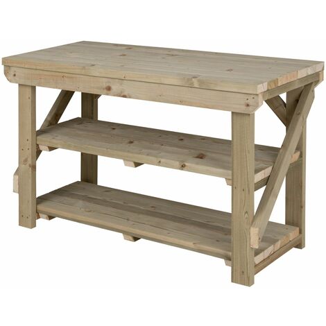 Indoor/outdoor workbench pressure treated station (H-90cm, D-64cm, L-150cm) with double shelf