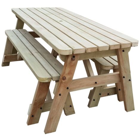8ft (240cm) Picnic table and bench set, natural (light-green) finish, Victoria compact rounded corners