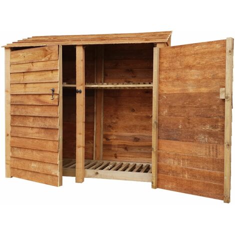 Wooden Log Store, W227xH180cm (Brown finish) With doors and With Kindling Shelf