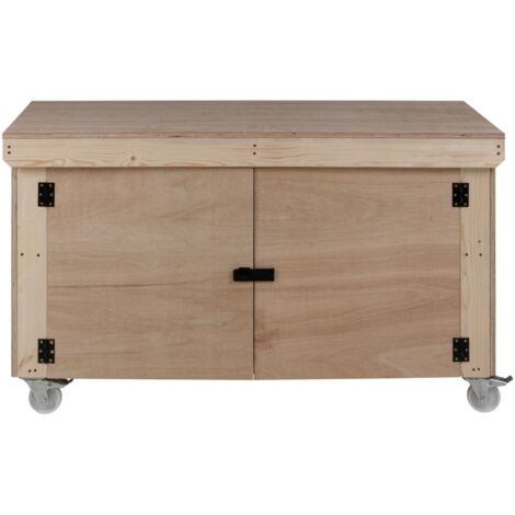 Wooden Eucalyptus hardwood top workbench with lockable cupboard (V.9) (H-90cm, D-70cm, L-120cm) double shelf and wheels (1/5)