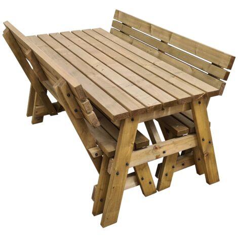 5ft (150cm) Picnic table and bench set, rustic brown finish, Victoria compact with backrest square corners