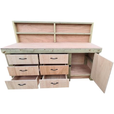 Wooden Eucalyptus hardwood top workbench, cabinet with lockable cupboard (V3) (H-90cm, D-70cm, L-240cm) with back