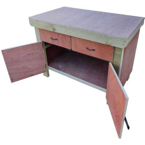 Wooden Eucalyptus hardwood top storage workbench with lockable cupboard and drawers (V.4) (H-90cm, D-70cm, L-120cm)