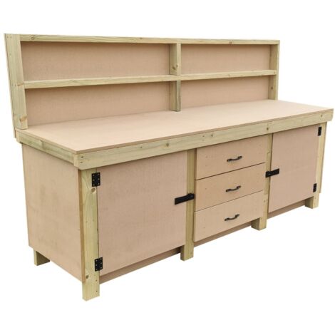 Wooden work bench with drawers and double lockable cupboard (V.8) (H-90cm, D-70cm, L-210cm) with back panel