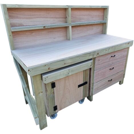 Wooden Eucalyptus hardwood top workbench with drawers and functional lockable cupboard (V.6) (H-90cm, D-70cm, L-150cm) with back