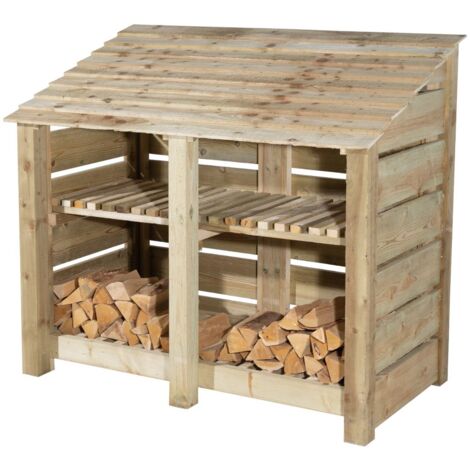 Slatted wooden log store with kindling shelf W-146cm, H-126cm, D-88cm - natural (light green) finish