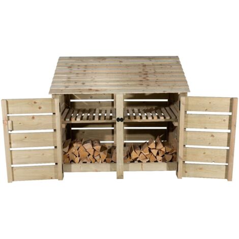 Slatted wooden log store with door and kindling shelf W-146cm, H-126cm, D-88cm - natural (light green) finish