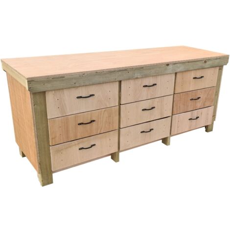 Wooden Eucalyptus hardwood top workbench, tool cabinet with drawers (V.2) (H-90cm, D-70cm, L-240cm)