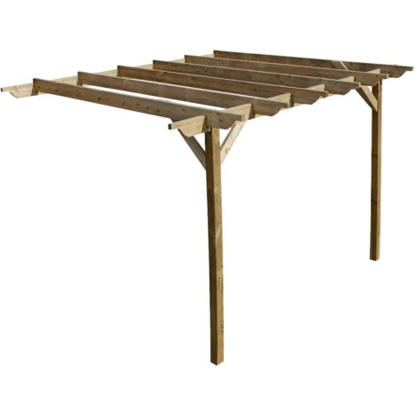 Lean to wooden garden pergola kit - Sculpted design wall mounted gazebo, 2.4m x 4.8m (Natural finish)