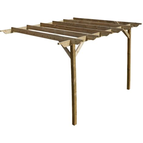 Lean to wooden garden pergola kit - Sculpted design wall mounted gazebo, 3m x 4.8m (Natural finish)