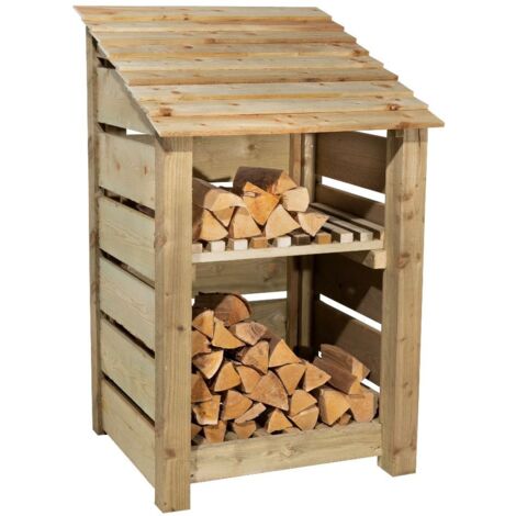 Wooden log store, Slatted timber storage with kindling shelf (W-79cm, H-126cm, D-88cm) natural finish