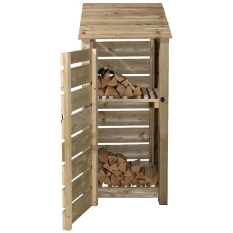 Wooden log store, Slatted timber storage with door and kindling shelf (W-79cm, H-180cm, D-88cm) natural finish