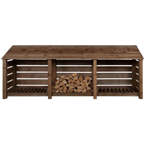Slatted wooden log store W-335cm, H-126cm, D-88cm - brown finish