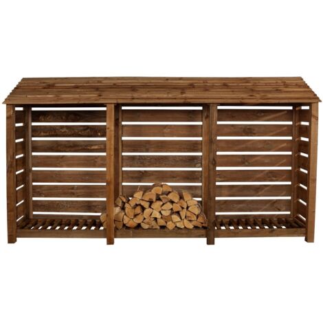 Slatted wooden log store W-335cm, H-180cm, D-88cm - brown finish