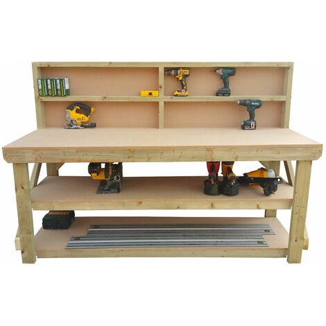 MDF top workbench (H-90cm, D-70cm, L-150cm) with back panel and double shelf