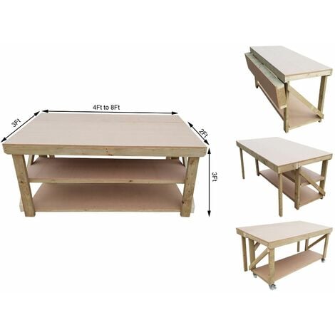 Wooden MDF Top Workbench With Extendable Working Surface, 4ft (120cm), Double shelf