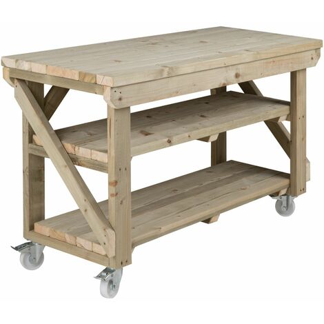 Indoor/outdoor workbench pressure treated station (H-90cm, D-64cm, L-120cm) double shelf and wheels