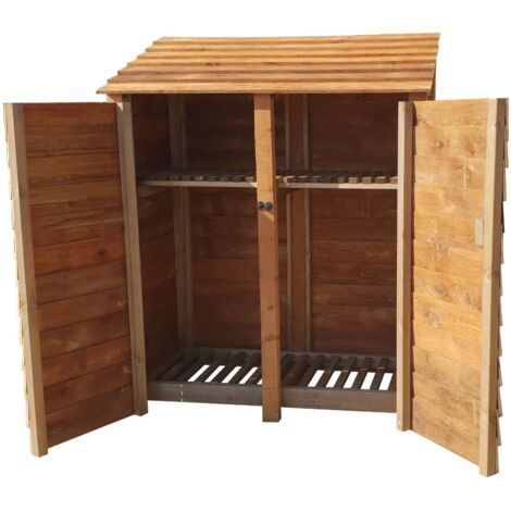 Wooden Log Store, W146xH180cm (Brown finish) With doors and With Kindling Shelf