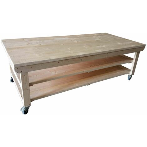 Rotem Wooden Kiln-Dry Workbench, 3ft(90cm) Depth, 7ft(210cm) length, With wheels and Double shelf