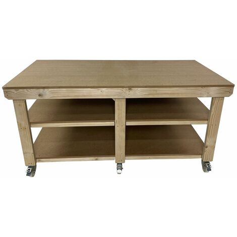 Workbench MDF top, large heavy-duty table (H-90cm, D-120cm, L-150cm) with wheels and double shelf