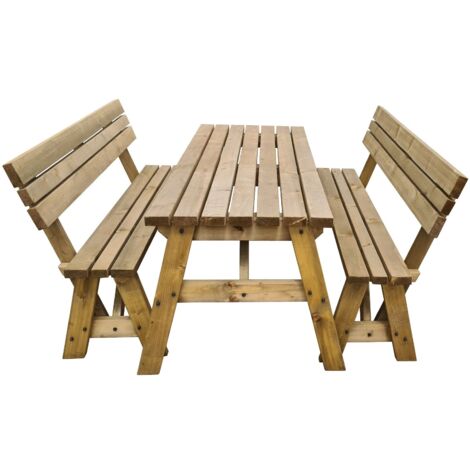 7ft (210cm) Picnic table and bench set, rustic brown finish, Victoria with backrest square corners