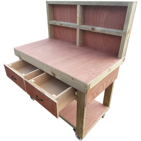 Wooden Eucalyptus hardwood top workbench, tool cabinet with drawers (V.1) (H-90cm, D-70cm, L-120cm) with back and wheels
