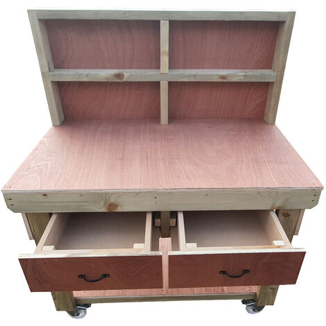Wooden Eucalyptus hardwood top workbench, tool cabinet with drawers (V.1) (H-90cm, D-70cm, L-120cm) with back and wheels