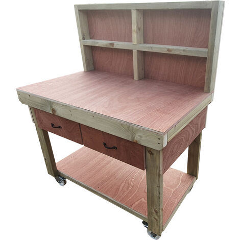 Wooden Eucalyptus hardwood top workbench, tool cabinet with drawers (V.1) (H-90cm, D-70cm, L-120cm) with back and wheels