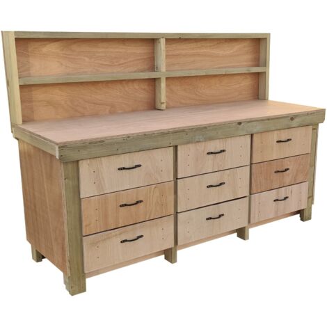 Wooden Eucalyptus hardwood top workbench, tool cabinet with drawers (V.2) (H-90cm, D-70cm, L-240cm) with back