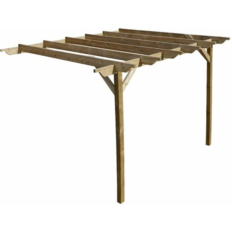 Lean to wooden garden pergola kit - Sculpted design wall mounted gazebo, 4.2m x 4.2m (Natural finish)
