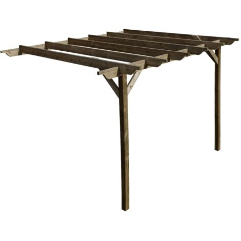 Lean to wooden garden pergola kit - Sculpted design wall mounted gazebo, 3m x 4.8m (Rustic brown finish)