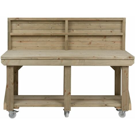 Indoor/outdoor workbench pressure treated station (H-90cm, D-64cm, L-180cm) with back panel and wheels