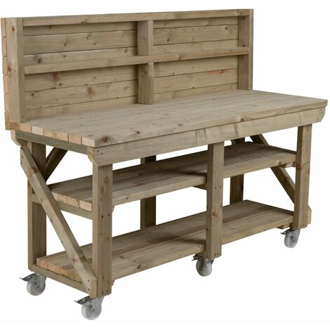 Indoor/outdoor workbench pressure treated station (H-90cm, D-64cm, L-180cm) with back panel, double shelf and wheels